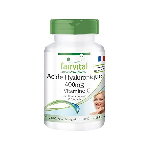 Fairvital | Acide hyaluronique 400mg + Vitamine C - Fortement dosé - VEGAN - 90 comprimés