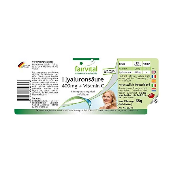 Fairvital | Acide hyaluronique 400mg + Vitamine C - Fortement dosé - VEGAN - 90 comprimés