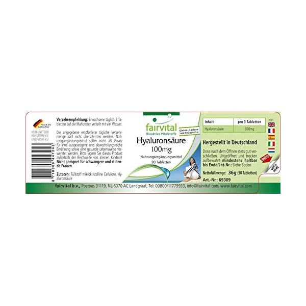 Fairvital | Acide Hyaluronique 100mg VEGAN - Fortement dosé - 90 comprimés