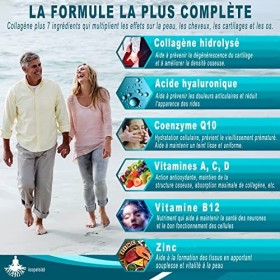 Collagène Hydrolysé avec Acide Hyaluronique et Coenzyme Q10 + vitamines C, A, D et B12 + zinc/Formule anti-âge. Peau lisse et