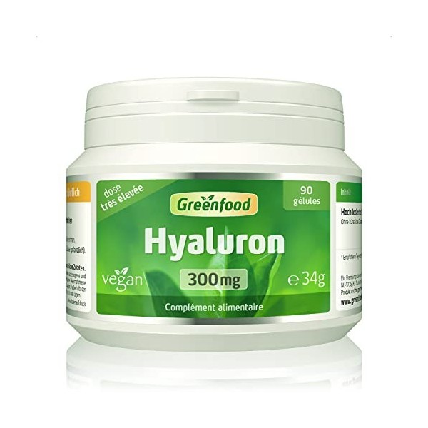 Greenfood Hyaluron, 300 mg pur hyaluronique, dose extra élevée, vegan, 90 gélules - Sans additifs artificiels. Sans génie gén