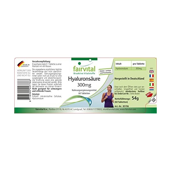 Fairvital | Acide hyaluronique - pour 2 mois - VEGAN - Fortement dosé - 60 comprimés