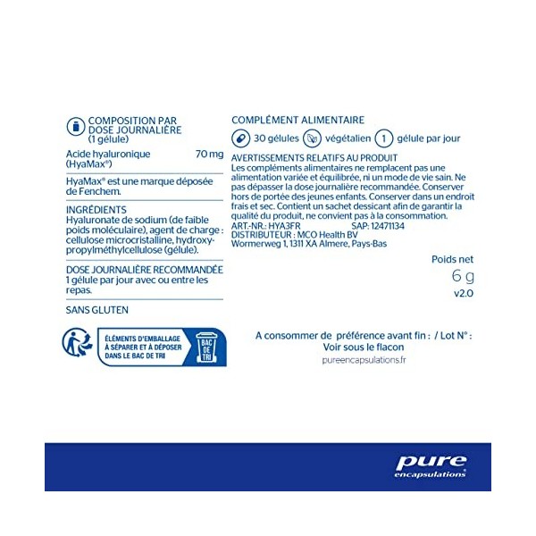 Pure Encapsulations - Acide Hyaluronique - Nutricosmétique Hautement Absorbable - Aide à Maintenir la Fermeté & lÉlasticité 