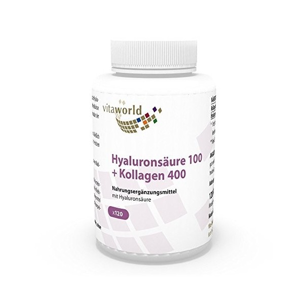 Vita World Acide hyaluronique 100mg + collagène 400mg 120 Capsules 100% végétal Biofermentation Made in Germany
