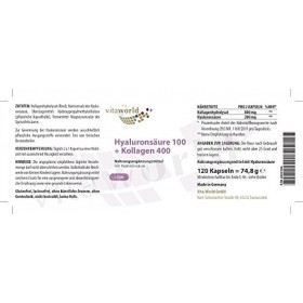 Vita World Acide hyaluronique 100mg + collagène 400mg 120 Capsules 100% végétal Biofermentation Made in Germany