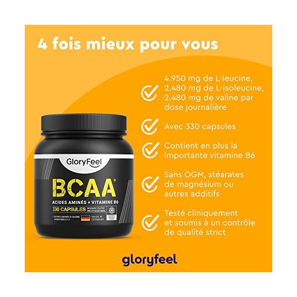 BCAA 330 Capsules , Acides Aminés Essentiels Fortement Dosée, Contient Leucine, Valine et Isoleucine avec Vitamine B6, Haute