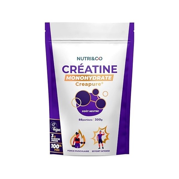 Créatine Monohydrate Creapure® 100% Pure - Force et Masse Musculaire & Effort Intense de Musculation - Poudre 300g Goût Neutr