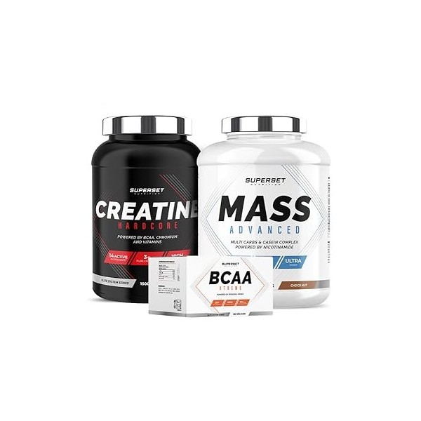 Superset Nutrition | Programme Prise De Masse Confirmé - Mass Advanced 2,5kg Choco Nut - Créatine Hardcore 1,5kg Orange - Bca