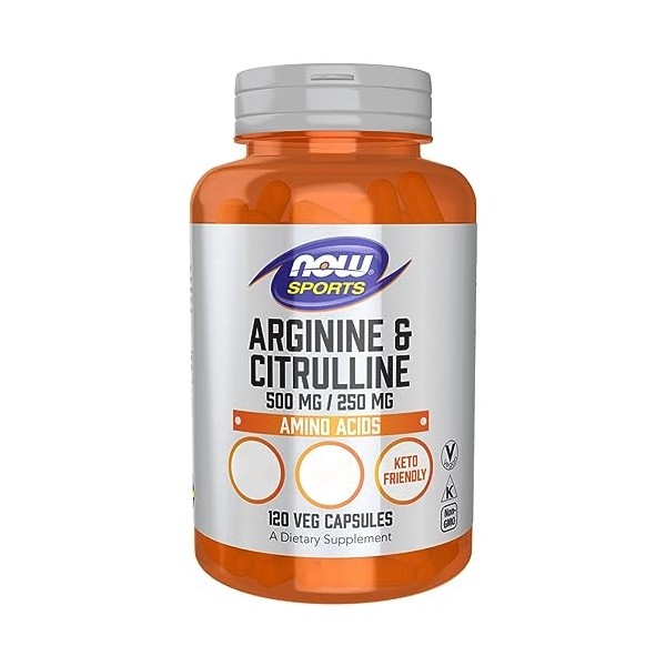 Now Foods L-Arginine & L-Citrulline, 500mg/250mg, 120 gélules végétaliennes, Acides Aminés, Végétarien, Testé en laboratoire,