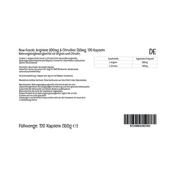 Now Foods L-Arginine & L-Citrulline, 500mg/250mg, 120 gélules végétaliennes, Acides Aminés, Végétarien, Testé en laboratoire,