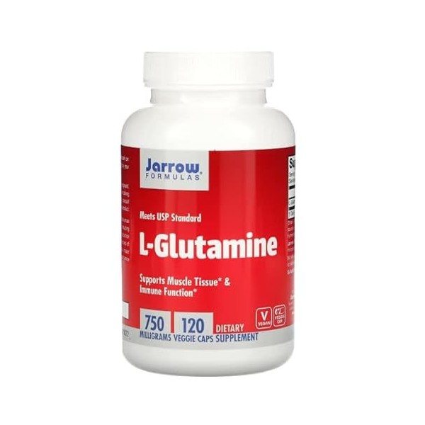 Jarrow Formulas, L-Glutamine, 750mg, Hautement Dosé, 120 Capsules végétaliennes, Testé en Laboratoire, Sans Gluten, Sans Soja
