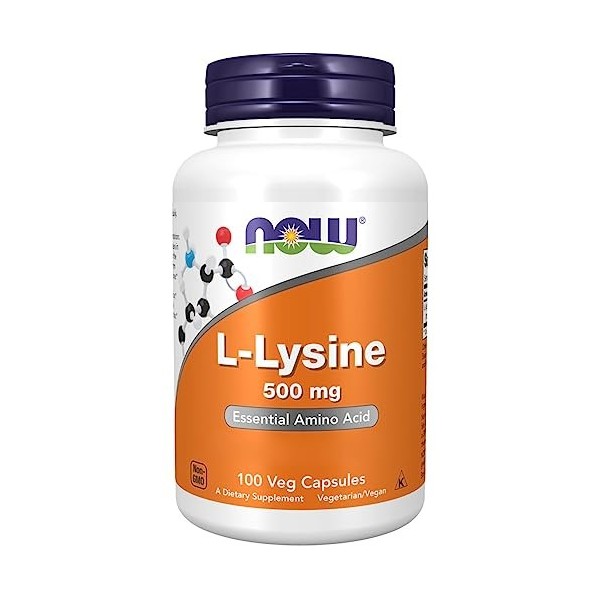 Now Foods, L-Lysine, 500mg, 100 Capsules vegan, Acide Aminé, Testé en Laboratoire, Sans Gluten, Sans Soja, Sans OGM