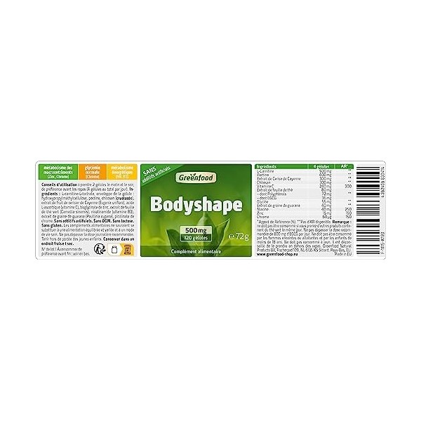 Greenfood Bodyshape, 500 mg, dose élevée, 120 gélules. Contribue à renforcer le métabolisme des macronutriments zinc, chrome