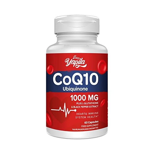 CoQ10 avec L-Glutathion 1000mg Gélules - 100% Coenzyme Q10 Fermentée, Coenzyme Q10 Hautement Dosée, Antioxydant Coenzyme Q10,