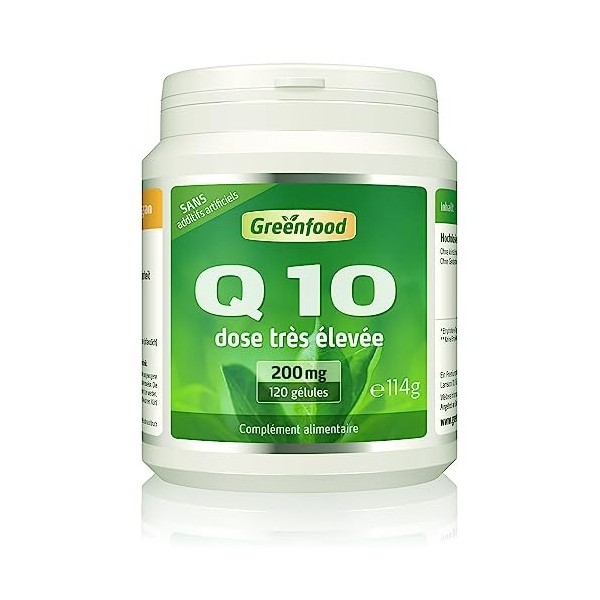 Greenfood Q10, 200 mg, dose très élevée, pur, naturel, 120 gélules. Sans additifs artificiels, sans OGM, sans gluten, sans la