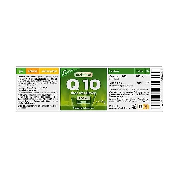 Greenfood Q10, 200 mg, dose très élevée, pur, naturel, 120 gélules. Sans additifs artificiels, sans OGM, sans gluten, sans la