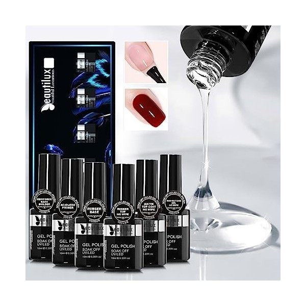 Beautilux Top Coat Semi Permanent, 6 * 10 ML Top Coat Gel Uv Primer-Ruber Base-Rubber Top-Matte Top-Base Builder-Rhinestone G