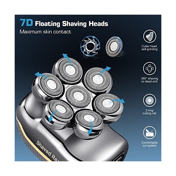 Rasoir à tête chauve Homme 7D, 4 in 1 Rasoir Electriques Hommes pour visage et tête avec 7 têtes Flexibles, Tondeuse à Barbe 