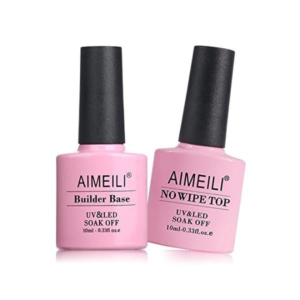 AIMEILI No Wipe Top Coat et 5 en 1 Builder Base Gel Vernis Semi Permanent Kit, Clair Base et Structure pour Extensions, Nail 