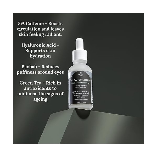 Nature Spell Sérum visage 5% caféine 30ml - Infusé à lacide hyaluronique - Contour du visage et des yeux - Sérum anti-âge, a