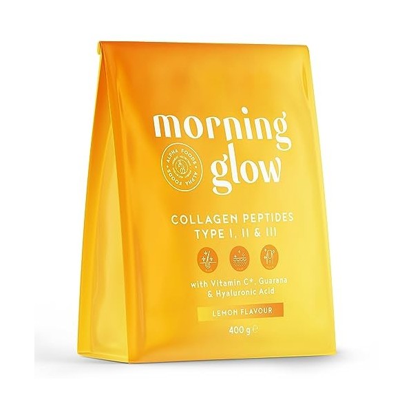 Poudre de collagène Morning Glow avec acide hyaluronique et vitamine C - arôme citron - Poudre de peptides de collagène de ty