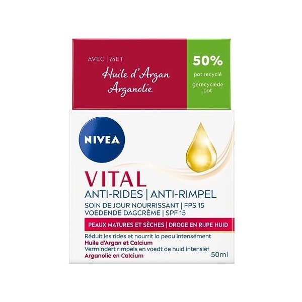 NIVEA Vital Soin de Jour Anti-Rides Nourrissant 1 x 50 ml , crème anti-âge enrichie en Huile d’Argan et en Calcium, soin vis