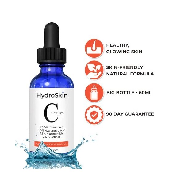 Sérum HydroSkin Vitamine C - 2,5% de sérum de rétinol actif combiné à de lacide hyaluronique 5% et du niacinamide 3,5% -