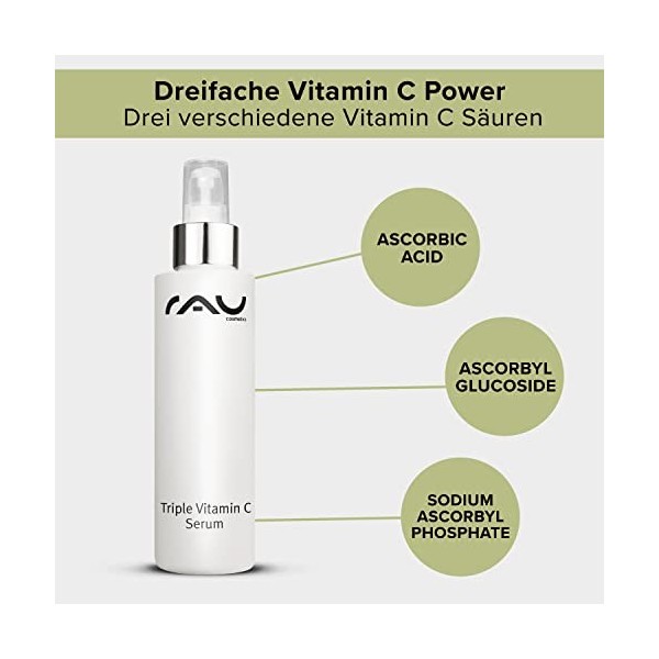 RAU Cosmetics Triple Vitamin C Serum 100 ml - Sérum anti-âge hautement dosé en vitamine C avec 3 vitamines C acides & mousse 