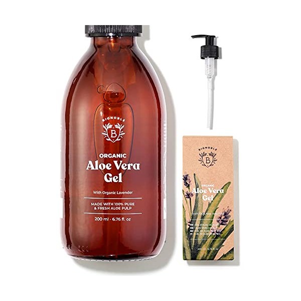 Bionoble Gel Aloe Vera Bio 100% Pur Aloe 200ml - Flacon Verre Recyclable + Pompe - Aloe Vera Gel Bio & Huile de Jojoba Bio 20