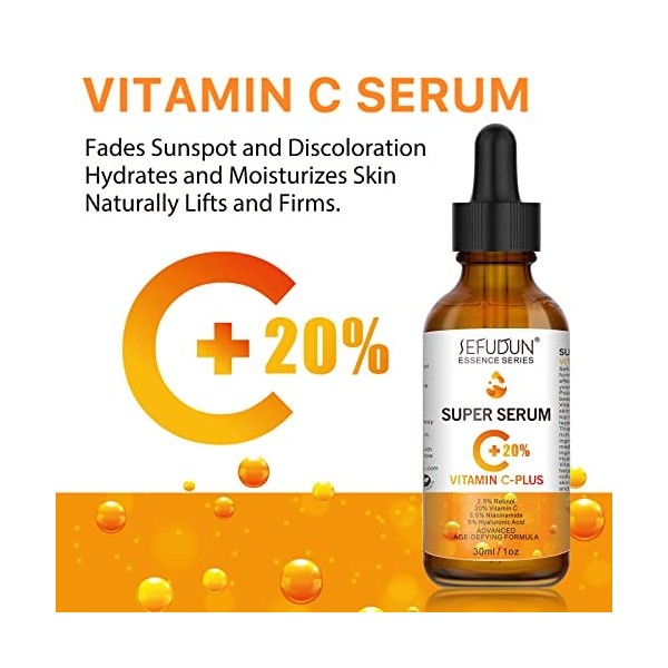 Serum Vitamine C Visage 30ML, Sérum 20% de Vitamine C anti-âge avec acide hyaluronique Anti-âge, Anti-rides et Anti-taches