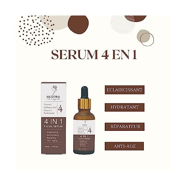 Sérum visage 4 en1 avec Niacinamide, Vitamin C, Acide Hyaluronique et Vitamine E- Sérum anti âge, hydratant, anti tâche