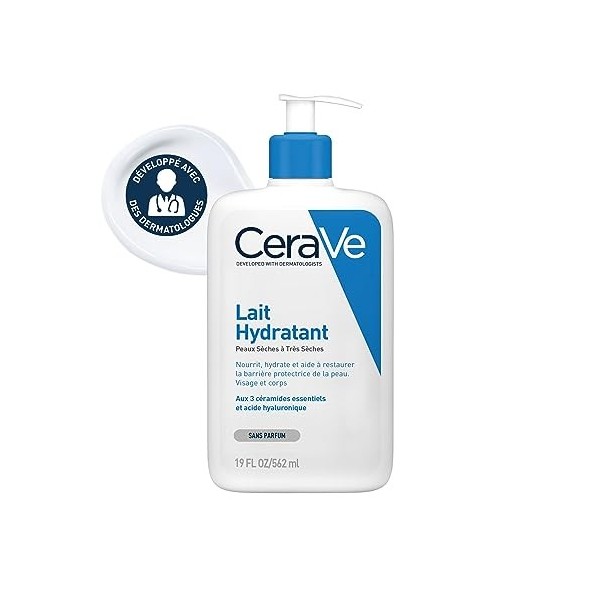 Cerave Soin Corps Lait Hydratant 562ml | Visage et Corps à lAcide Hyaluronique pour les Peaux Sèches à très Sèches