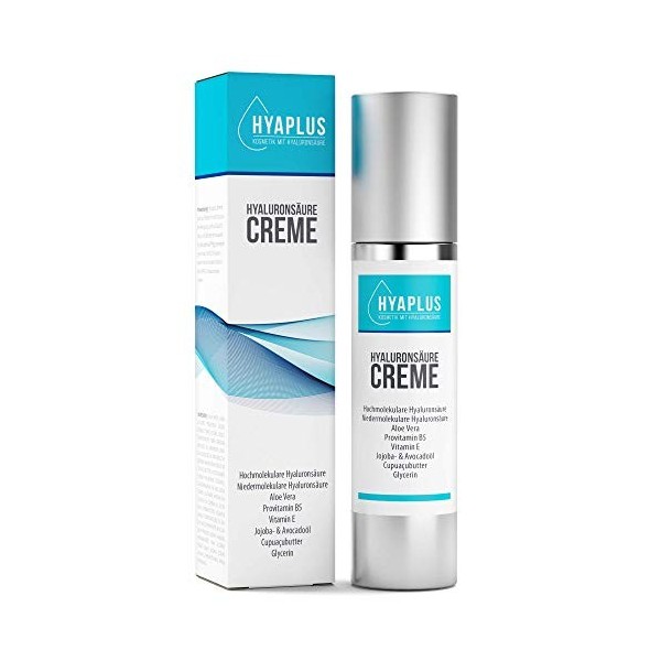 Crème hyaluron hautement dosée – Crème antiâge avec acide hyaluronique, aloe vera, panthénol, vitamine E, huile végétale, gly