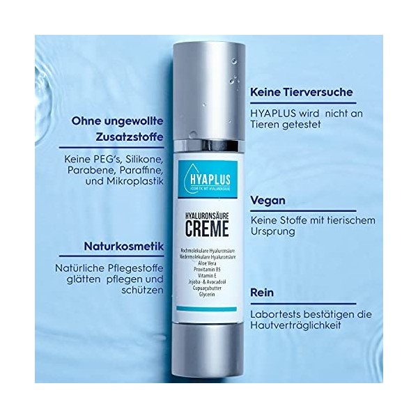 Crème hyaluron hautement dosée – Crème antiâge avec acide hyaluronique, aloe vera, panthénol, vitamine E, huile végétale, gly