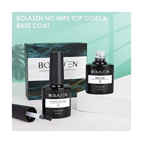 Base et Top Coat Set, BOLASEN 2Pcs 8ml Soak Off UV/LED Base et Top Coat Vernis Semi Permanent, Top Coat Gel UV, High Gloss No