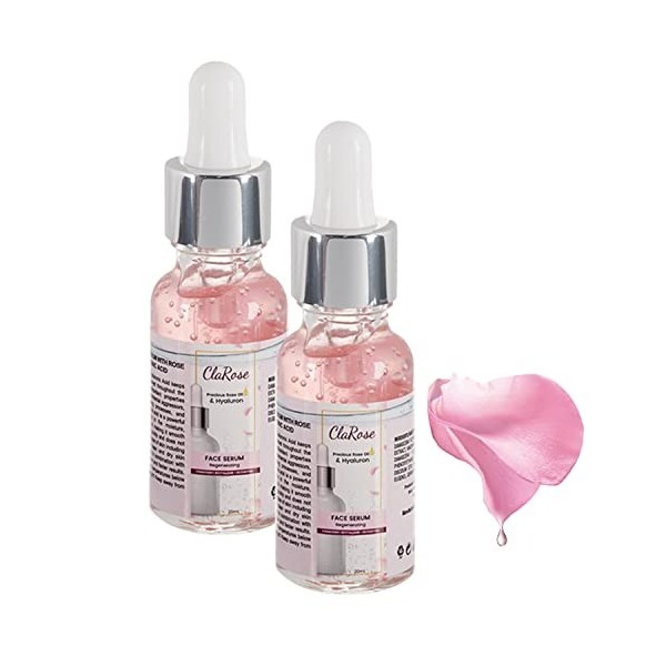 ClaRose Lot de 2 flacons de sérum anti-âge pour le visage, enrichi en acide hyaluronique et huile de rose naturelle