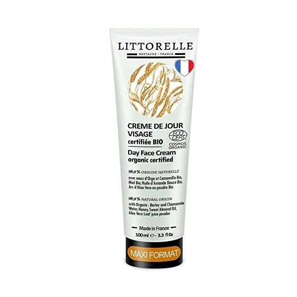 Crème de Jour Visage Peau Douce - Maxi Format 100 ml - Certifiée Bio – 99% d’Origine Naturelle à lEau dOrge Bio - Crème Hyd