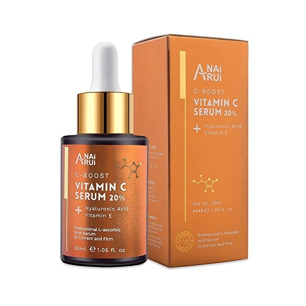 ANAiRUi Sérum de Vitamine C 20% pour le Visage avec Acide Hyaluronique, Vitamine E, Accroît la Fermeté, Revitalise et Illumin