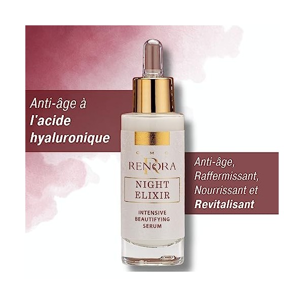 RENORA | Sérum de nuit intensif régénérant Soin anti-âge| Elixir de nuit| Sérum pour le visage Acide hyaluronique, collagène|