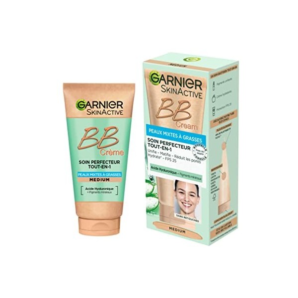 Garnier - BB Crème - Soin Perfecteur Tout-en-1 Anti-Imperfections - FPS 25 - Enrichi en Acide Hyaluronique & Aloe Vera - Pour