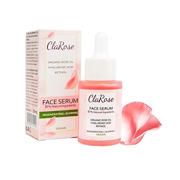 ClaRose - Sérum anti-âge pour le visage à lacide hyaluronique, à lhuile de rose 100 % naturelle et au rétinol, 30 ml