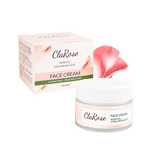 ClaRose - Crème anti-âge pour le visage à lacide hyaluronique et à lhuile de rose 100 % naturelle . 50 ml