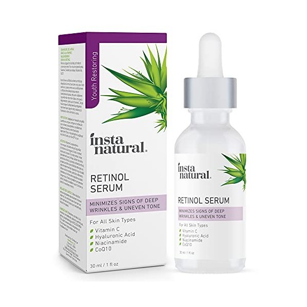 InstaNatural Sérum Rétinol – Sérum visage anti-rides et anti-âge – Aide à réduire l’apparition des rides, pattes d’oie & ridu