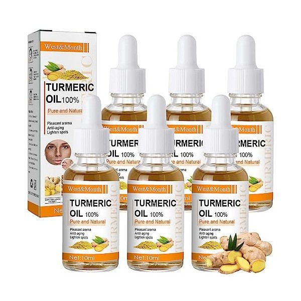 6PCS Bouteilles Essence Hydratante Curcuma, Curcuma Sérum Correcteur Taches, Peau Ferme et Repulpée Huile De Sérums pour le V