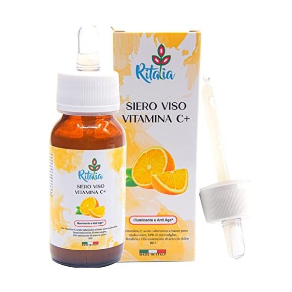 60ml SERUM VISAGE vitamine C + acide hyaluronique pur 100% Ritalia® soins pour le visage avec des ingrédients BIO - Sérum Ant