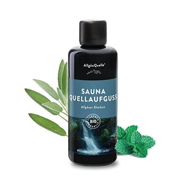 AllgäuQuelle® Infusion de sauna avec 100 % huiles biologiques Clarté à la menthe, au géranium de rose, à la sauge 100 ml In