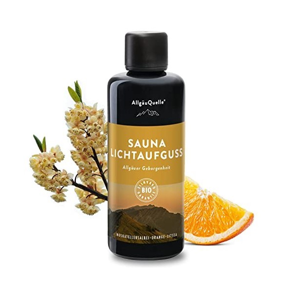 AllgäuQuelle® Infusion de sauna avec 100 % huiles biologiques avec orange, sauge sclarée, Litsea 100 ml . Infusion naturelle