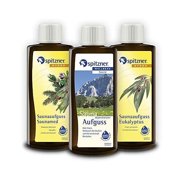 Lot Infusion pour sauna Traditionel: „ Saunamed “ / „ Eucalyptus “ / „ Herbes des Alpes “ 3x190 ml de Spitzner