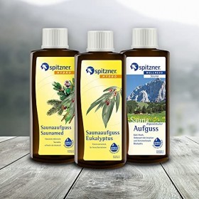 Lot Infusion pour sauna Traditionel: „&nbsp;Saunamed&nbsp;“ / „&nbsp;Eucalyptus&nbsp;“ / „&nbsp;Herbes des Alpes&nbsp;“ 3x190 ml de Spitzner