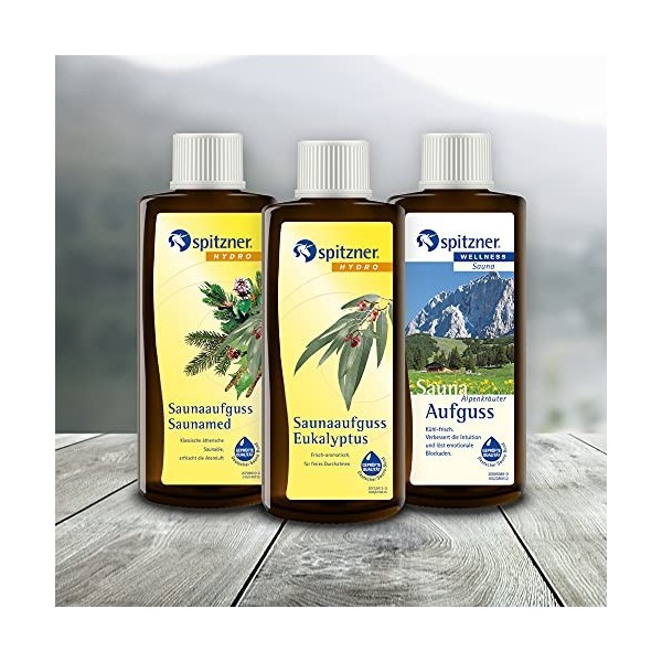 Lot Infusion pour sauna Traditionel: „ Saunamed “ / „ Eucalyptus “ / „ Herbes des Alpes “ 3x190 ml de Spitzner